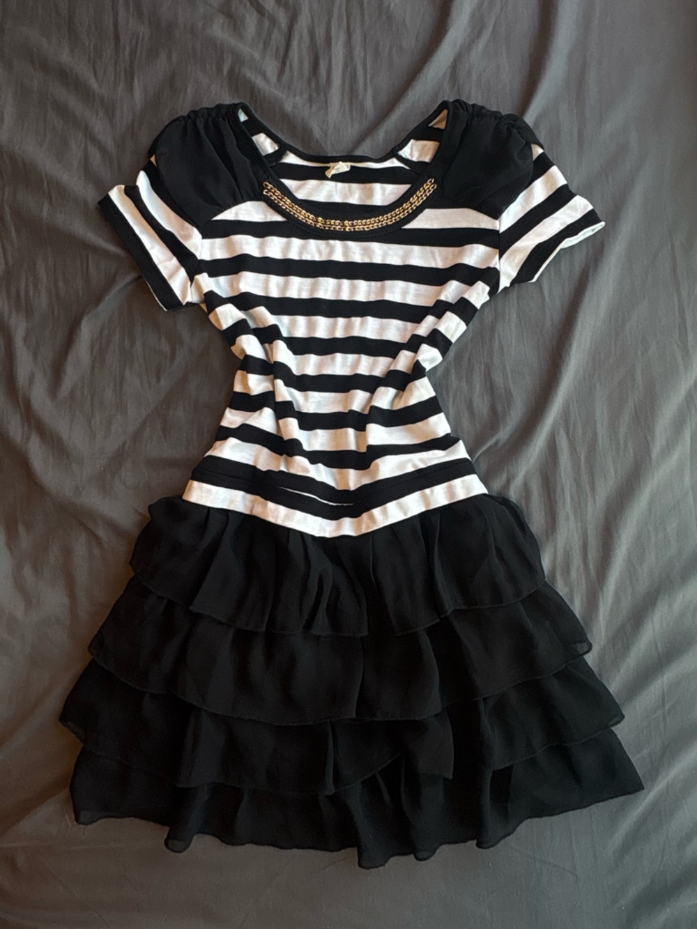 Diviko Striped Tiered Ruffle Mini Dress Gold Chain Detail Y2K Mall Goth
